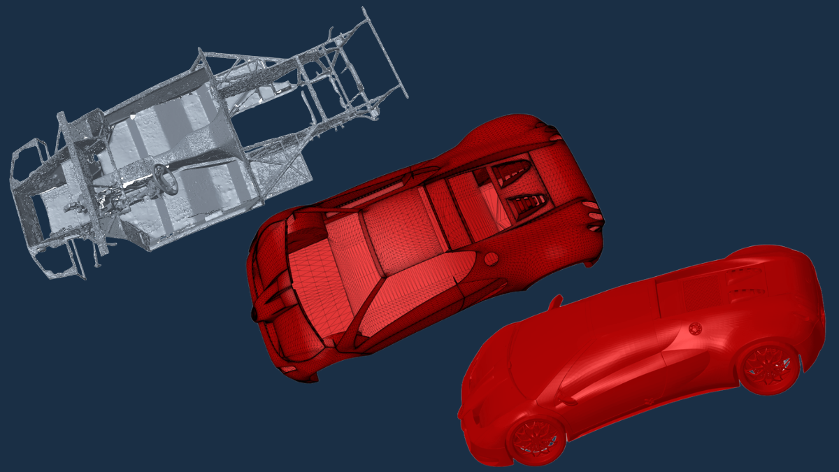 A 3D rendering on a dark blue background illustrating Ludor Engineering’s expertise in Design for Manufacturing (DFM). The image shows three stages of the same vehicle concept: top left, the base chassis (a complex space-frame structure made of metal profiles, rendered in light grey/silver); in the centre, the body variant with a load-bearing structure (a red, semi-transparent model revealing the interior and the fastening system); and in the bottom right, the complete final variant, with an opaque red body, wheels, design details and finishing elements. These renderings demonstrate how a concept is progressively optimised, taking into account real-world materials and manufacturing processes, to achieve a product that not only looks good in 3D but can also be produced efficiently under industrial conditions.