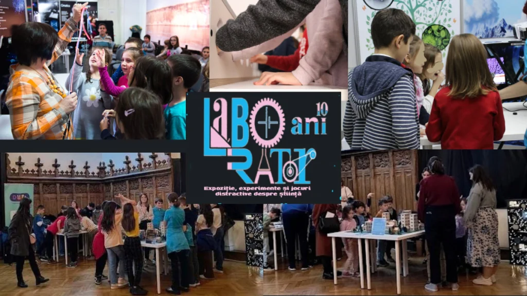 Colaj de imagini care promovează expoziția itinerantă de știință interactivă „Laborator”, organizată de Eventera și Doti Kuvio. În centru se află logo-ul evenimentului, cu textul stilizat „LABORATOR” (litere albastre și roz, cu simboluri inginerești), „10 ani” și sloganul „Expoziție, experimente și jocuri distractive despre știință”. În jurul logo-ului sunt distribuite fotografii de la evenimente: în stânga sus, un grup de copii participă cu entuziasm la un experiment, în timp ce o prezentatoare le arată un dispozitiv; în dreapta sus, copii privesc curioși exponate și machete; în partea de jos, imagini de ansamblu surprind copii și părinți interacționând cu diverse stații de experimente într-o sală mare, cu mobilier de lemn, specifică muzeelor.