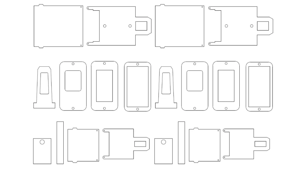 Set de desene tehnice 2D (fișiere vectoriale) pregătite pentru tăiere laser, care ilustrează Etapa 6 – Fabricație: selectarea furnizorilor și pregătirea DFM realizată de Ludor Engineering. Imaginile prezintă contururile exacte, la scară, ale diferitelor componente din piele sau materiale similare: plăci dreptunghiulare cu decupaje și orificii pentru șuruburi (rândul de sus și de jos), precum și rame sau carcase de diferite forme (în centru). Aceste desene sunt redate pe un fundal alb, fiind dispuse simetric. Ele sunt adaptate conform principiilor Design for Manufacturing (DFM) și au fost utilizate pentru comunicarea tehnică directă cu furnizorii de piese metalice și cu atelierele de marochinărie în vederea fabricației.