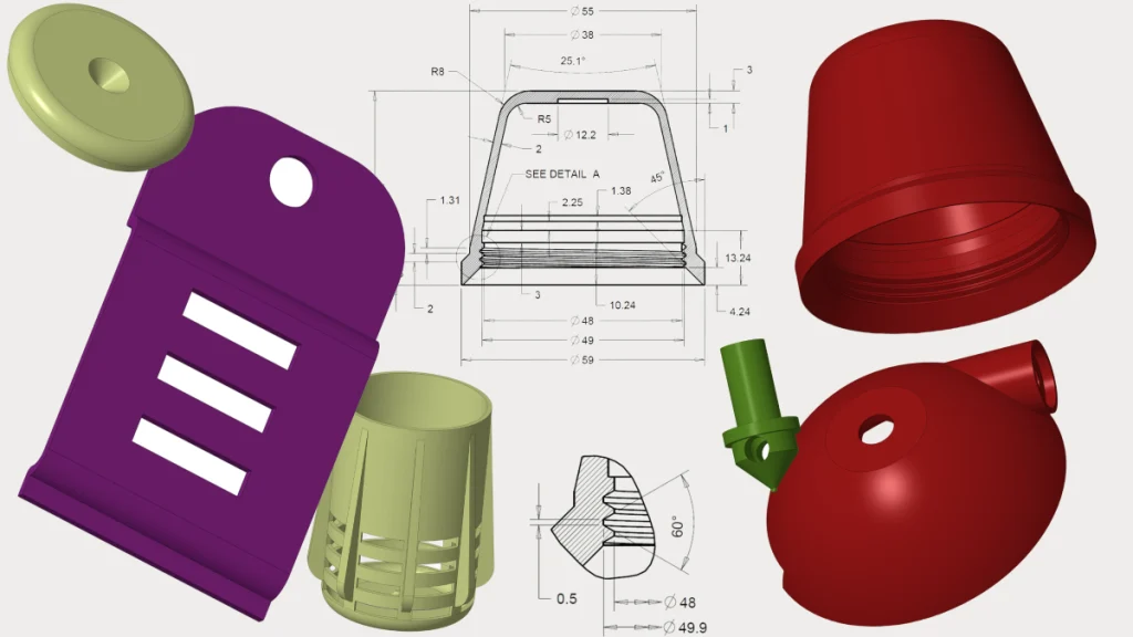Colaj de randări 3D și desene tehnice 2D care ilustrează etapa de inginerie în dezvoltarea produsului de către Ludor Engineering. Imaginea prezintă mai multe componente separate ale dispozitivului: un capac plat verde-măsliniu, o carcasă principală violet cu fante dreptunghiulare și un orificiu circular, o piesă cilindrică verde cu decupaje, o carcasă exterioară roșie tip cupă și un corp sferic roșu cu racorduri laterale. În centru se află desenul tehnic 2D (secțiune transversală) al piesei principale, cu toate cotele dimensionale și un detaliu mărit (Detail A) al profilului interior. Aceste elemente demonstrează proiectarea mecanică de detaliu, calculele inginerești și optimizarea geometrică pentru curgerea fluidelor realizate de echipă.