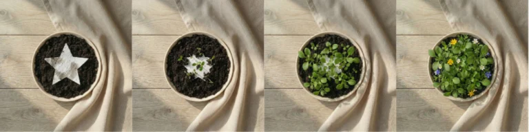 O imagine compusă din patru panouri care arată evoluția unei hârtii plantabile în formă de stea, așezată într-un ghiveci cu pământ pe o masă de lemn. Pe măsură ce timpul trece, din pământ răsar și cresc plante verzi, care la final înfloresc cu mici flori galbene, albe și albastre, acoperind aproape complet steaua de hârtie.