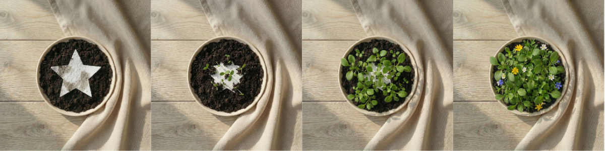 O imagine compusă din patru panouri care arată evoluția unei hârtii plantabile în formă de stea, așezată într-un ghiveci cu pământ pe o masă de lemn. Pe măsură ce timpul trece, din pământ răsar și cresc plante verzi, care la final înfloresc cu mici flori galbene, albe și albastre, acoperind aproape complet steaua de hârtie.