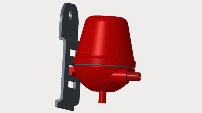 Randare 3D a ansamblului prototipului fizic al unui dispozitiv, realizat pentru etapa de prototipare rapidă. Imaginea prezintă două componente principale: în stânga, un suport de fixare de culoare gri închis, cu găuri circulare și decupaje dreptunghiulare pentru montaj; în dreapta, un corp central de culoare roșie, cu formă de clopot sau cupolă, care are o talpă semi-sferică, două racorduri cilindrice (unul pe laterală și unul în partea de jos) și o linie de demarcație la mijloc. Aceasta este randarea modelului CAD 3D folosit pentru fabricarea prototipului 1:1 prin imprimare 3D.
