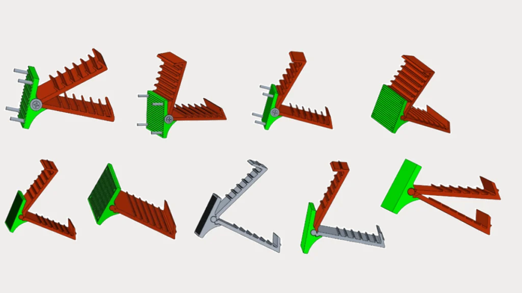 Colaj cu 9 modele 3D CAD realizate în diverse stadii ale dezvoltării produsului. Imaginile ilustrează variante ale mecanismului și unghiuri diferite de vizualizare (față, spate, lateral). Majoritatea variantelor utilizează o codificare vizuală a culorilor: piesa de fixare pe ușă este verde (cu orificii pentru șuruburi), iar pedala mobilă (cu aripioare longitudinale pe suprafață) este portocalie/ruginie. Ultimele două modele din rândul de jos sunt redate într-o nuanță neutră de gri, cu elemente de fixare mai simplificate. Toate modelele sunt prezentate pe un fundal de culoare deschisă pentru a pune în evidență geometria pieselor.