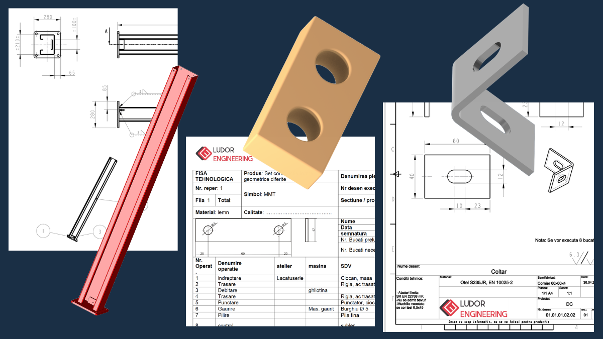 Colaj pe fundal albastru închis care ilustrează expertiza Ludor Engineering în proiectare mecanică. Imaginea combină modele CAD 3D (o piesă bej cu două orificii, un profil roșu extrudat și un colțar gri) cu documentația tehnică necesară fabricației: desene tehnice 2D cu cote și toleranțe (secțiuni, dimensiuni), o fișă tehnologică detaliată semnată Ludor Engineering (care include lista operațiunilor, atelierul, mașinile-unelte și SDV-urile necesare pentru prelucrarea lemnului) și un plan de execuție pentru piesa ‘Colțar’ din oțel S235JR. Imaginea demonstrează că proiectarea mecanică nu se rezumă doar la un model 3D, ci presupune definirea completă a materialelor, dimensiunilor, toleranțelor, proceselor de asamblare și a tuturor informațiilor necesare pentru fabricarea și utilizarea produsului în condiții reale.