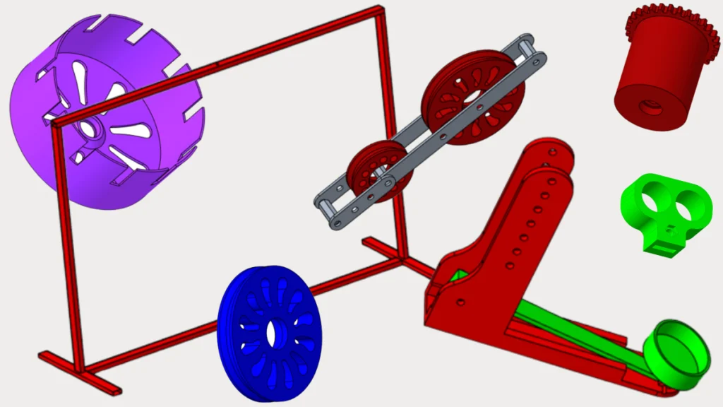 Randare 3D a unor componente mecanice și subansambluri detaliate, care ilustrează Etapa 3 – Inginerie: proiectare mecanică și modelare CAD 3D realizată de Ludor Engineering. Imaginea prezintă un ansamblu format dintr-un cadru metalic roșu și două roți (una violet, una albastră). În partea dreaptă sus se află un sistem de scripeți, alături de un cilindru roșu cu caneluri. În partea dreaptă jos, sunt redate detalii ale unei catapulte, cu o componentă roșie prevăzută cu orificii pentru șuruburi și o piesă verde de ghidaj. Toate modelele sunt randate pe un fundal crem, evidențiind geometria complexă, optimizarea structurilor pentru rezistență la uzură și ușurința în dezasamblare și transport.