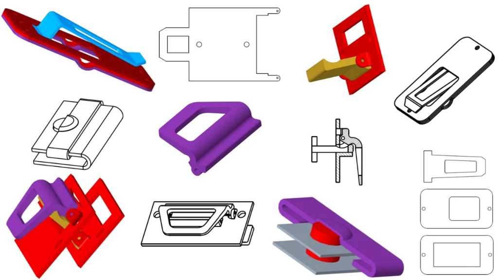 Colaj de randări 3D și desene tehnice 2D care ilustrează Etapa 3 – Inginerie: proiectare mecanică și modelare CAD 3D realizată de Ludor Engineering. Imaginea prezintă atât modele solide colorate (roșu, albastru, violet, galben, gri) cât și scheme tehnice de execuție. Acestea sunt redate pe un fundal alb. Imaginea ilustrează pachetul tehnic complet, cu stabilirea toleranțelor, a jocurilor funcționale și pregătirea fișierelor pentru prelucrări CNC și debitare laser.