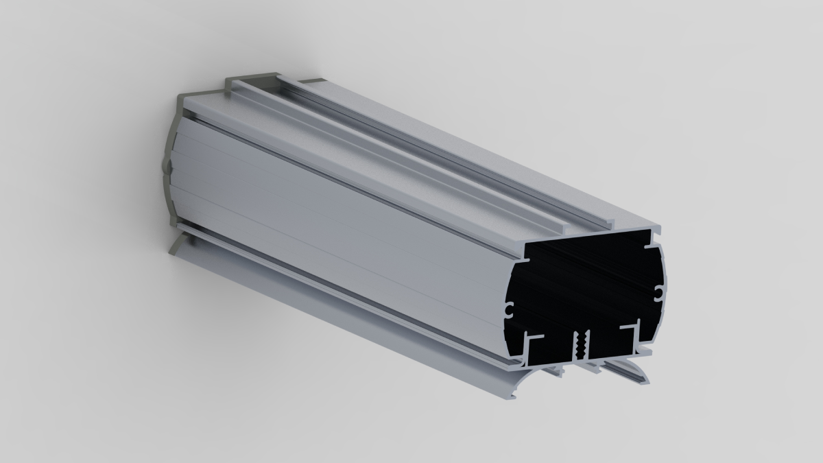 Model 3D al unui profil din aluminiu extrudat, cu o geometrie complexă, specifică proiectării mecanice de precizie. Profilul este prezentat pe un fundal gri deschis, într-o perspectivă izometrică, care permite vizualizarea secțiunii transversale. Acesta are o suprafață exterioară plană, cu mai multe canale, șine de ghidare și nervuri de rigidizare. Secțiunea frontală dezvăluie o serie de detalii mecanice precise, precum canale în formă de C pentru prinderea altor componente, zone pentru ghidaj fin și degajări pentru montaj. Imaginea subliniază complexitatea și rigoarea ingineriei mecanice, reflectând expertiza Ludor Engineering în realizarea de piese industriale personalizate.