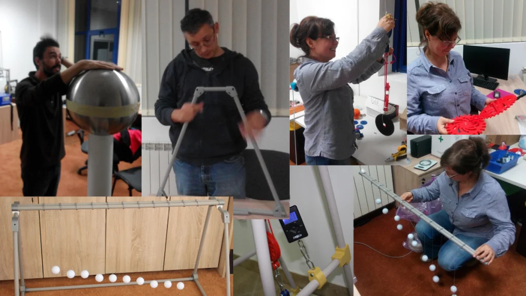 Colaj de fotografii care ilustrează Etapa 4 – Prototip: prototipare rapidă și probe funcționale în cadrul procesului de dezvoltare produs realizat de Ludor Engineering. Imaginile surprind membri ai echipei în atelier, lucrând activ la diverse instalații experimentale. În colțul din stânga sus, un bărbat testează un generator Van der Graaf. În centru sus, un alt coleg asamblează și verifică un cadru. În dreapta sus, o colegă manipulează și verifică componente din plastic roșu (imprimate 3D), niște scripeți și alte subansambluri. În partea de jos, este prezentat un test cu un pendul gravitațional, cu bile albe aflate în mișcare. O colegă verifică sistemul cu bile și cabluri. Un dinamometru digital indică forțele aplicate în timpul probei. Imaginile reflectă asamblările de probă și primele verificări mecanice și ergonomice efectuate în atelier.